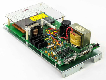 Varian 59782-01018020-01 CCA Heater and Shunt Assembly – angled top view showing full PCB with acrylic cover, transformers, and capacitors