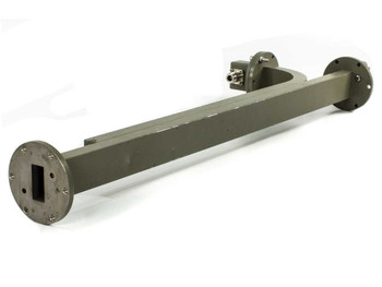 HP J752C Waveguide Directional Coupler – rear/underside view showing both circular waveguide flanges and the rectangular waveguide body from below