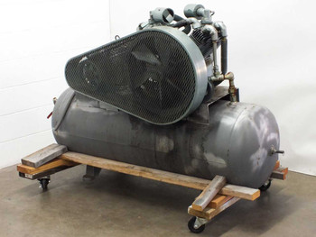 Brunner Engineering 1051 reciprocating air compressor showing belt guard and horizontal tank, left side view