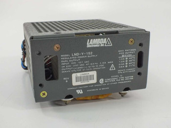 Lambda Electronics LND-Y-152 regulated power supply – top label view showing model number, input/output specs, and max ratings
