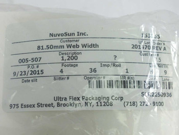 DuPont Bynel film roll label detail showing NuvoSun order, 81.50mm web width, 005-507, 1200ft, lot 201470 REV A, dated 9/23/2015