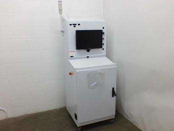 SCE SCE-66ST2626WS custom hi-pot control cabinet front view showing touchscreen display, pushbuttons, and lower cabinet door with casters
