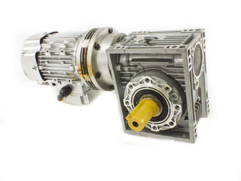 W-Gear NMRV 063 worm gear reducer with Hons motor — front quarter view showing yellow output shaft cap and motor body