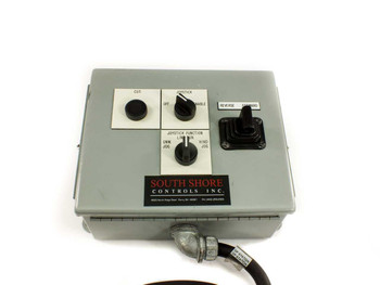 South Shore Controls operator control console front panel close-up showing CUT push button, joystick function rotary selector, Reverse/Forward joystick, and South Shore Controls Inc. nameplate