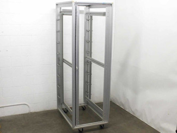 Chatsworth CPI Megaframe 45U open-frame aluminum rack cabinet with casters – full front view