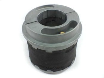Goldenrod SVECOM-PE safety chuck – angled view showing gray aluminum flange body and black rubber gripping sleeve with SVECOM-PE markings