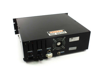 LTG LT3010 Laser Exciter rear panel showing AC inlet fuse block, cooling fan, high voltage warning label, and output connectors