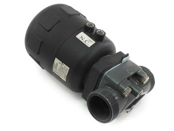 Burkert 2030 pneumatic diaphragm valve – left-side view showing plastic body, N.C. label, pneumatic actuator top ports, and true union threaded connection