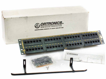 Ortronics OR-851044973 48-port Cat5e patch panel with original box, hardware bag, rack ears, and instruction sheet