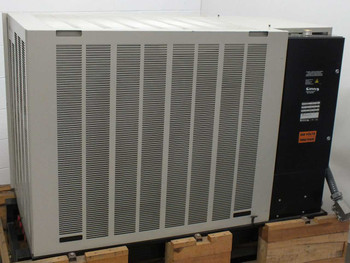 Affinity CWA-100K-MP21CB dual channel water cooled chiller – front left view showing louvered enclosure panels on pallet