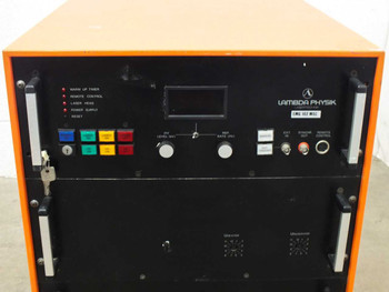 Lambda Physik EMG 102 MSC front panel close-up showing status indicator lights, digital display, HV Level and Rep Rate controls, and model label