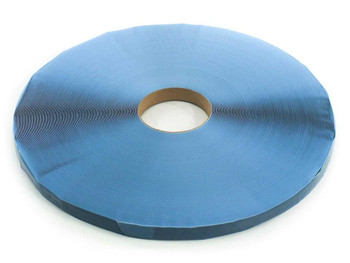 Single roll of Quanex Solargain 614-7528-P93 primed butyl rubber edge tape, 19mm wide, blue release liner, top view