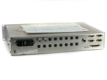 Trumpf Huttinger 0372600 MOP Master Oscillator — rear panel view showing IEC AC inlet, BNC connectors, multiple DB9 serial ports, one DB25 connector, and rating label