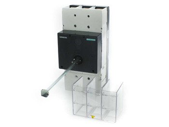 Siemens HMX3B600 600A 3-Pole MCCB front view with clear plastic enclosure shroud and operating handle attached