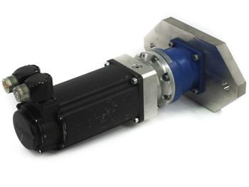 Rexroth MSK040B servo motor and Wittenstein Alpha gearbox assembly — left rear angle view showing motor body and connectors