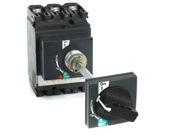Schneider LV431631 NSX250F 200A molded case circuit breaker front view with rotary ON/OFF knob assembly