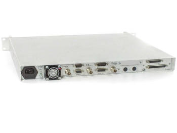 Paradise Datacom P300 satellite modem — rear panel overview showing BNC, DB9, DB15, and SCSI connectors plus AC inlet and cooling fan