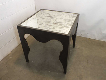 Artistica 126-260 Van Cleef Antique Brass Square End Table – front three-quarter view showing antiqued mirrored top and dark carved base