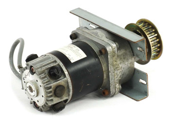 Yaskawa UGRMEM-04MSY41 Minertia RM servo motor and gearbox assembly — left-side three-quarter view showing encoder/rear connector and toothed belt pulley on bracket
