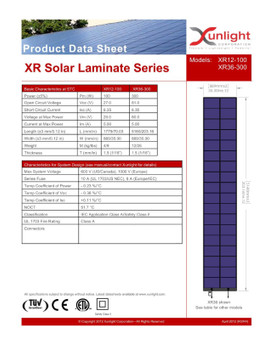 Xunlight XRD12-100 XR Solar Laminate Series product data sheet showing full electrical and physical specifications for XR12-100 and XR36-300 models