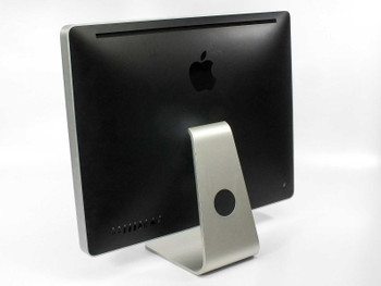 Apple iMac A1225 24-inch rear view showing black back panel, Apple logo, SuperDrive slot, and aluminum stand