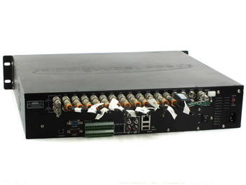 Speco Technologies DVR-16TN/300 – rear panel view showing 16 BNC video inputs, alarm terminals, network and FireWire ports