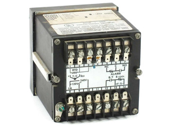 Omega 4002-JC-F rear terminal block — 14-position screw terminals with RTD, T/C, alarm (NC/C/NO), 120V/240V power wiring diagram label