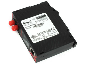 Red Lion Sixnet SL-2ES-2ST industrial media converter — side label showing model, Rev 2.00, and DIN-rail clip