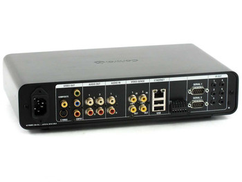 Control4 HC-300 rear panel showing composite, S-Video, component video out, stereo audio in/out, Ethernet, USB, and dual DB9 serial ports