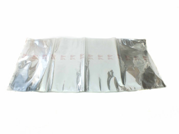 Cadpak HD100 MIL-PRF-131K military barrier bags laid flat and fanned out, showing red mil-spec printing on silver exterior film