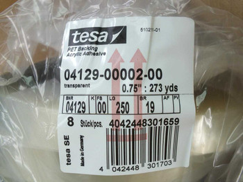 Tesa 4129 tape label showing part number 04129-00002-00, PET backing, acrylic adhesive, 0.75in x 273yds, Made in Germany