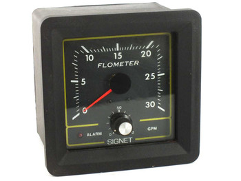 Signet P58540-1 Flometer flow meter front panel view showing analog 0-30 GPM dial face with alarm indicator and adjustment knob