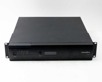 Panamax MB1500 UPS front panel view at angle showing LCD display and power button in rack chassis