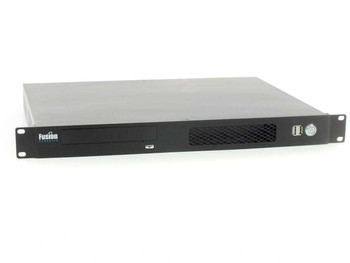Fusion Research 1U rackmount music video server – front panel angled view showing optical drive bay, USB ports, and power button