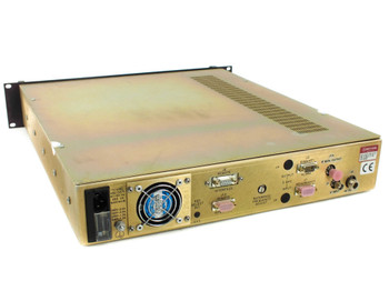 Miteq U-9473-125K C-Band Upconverter – rear panel showing power inlet, fan, DB-9 remote ports, SMA connectors, and CE mark