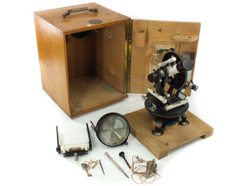Ertel-Werke 637 theodolite shown with wooden case open, compass, plumb bob, and accessory tools laid out in front