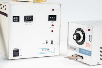 Unitek Phasemaster III front panel showing percent-current, weld time, time-at-temp dials, and power/temp/weld indicator lights alongside Unipulse transformer