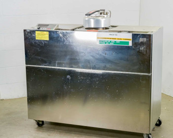 C&D Semiconductor Services 8838A wafer alloy annealer – left front three-quarter view showing stainless steel enclosure, top-mounted annealing chamber lid, and gas hazard warning labels
