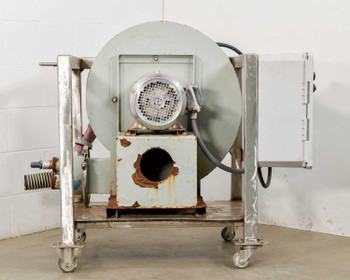 Air Blast Inc 27-18-3 centrifugal blower on stainless cart, front view showing blower wheel, motor, and control box with surface rust on base