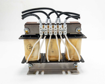 Allen Bradley 1321-3R8-B line reactor, straight front view showing three coil cores and multi-conductor terminal connections