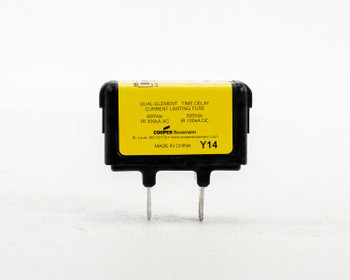 Bussmann TCF20RN CUBEFuse — rear/bottom view showing blade terminals and rating label: 600VAC, 300VDC, IR 300kA AC, IR 100kA DC