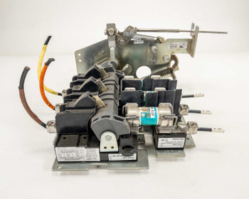 Allen Bradley 1494F-D60 disconnect switch assembly — rear-left angle view showing cable mechanism, wiring leads, and fuse block