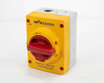 Katko KEM-316UL Manual Motor Controller – three-quarter front view showing yellow enclosure and red rotary handle