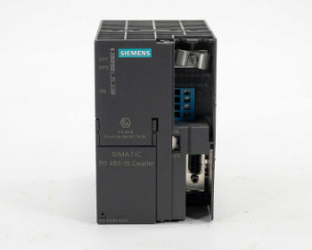 Siemens 6ES7972-0AC80-0XA0 RS485-IS Coupler — front view showing DP1/DP2 port indicators, ON label, blue terminal block, and DB9 connector on the RS485-IS side