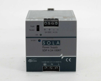 Sola HD SDP 4-24-100RT – front panel view showing SOLA branding, 24 VDC / 4.2A output label, Single/Parallel switch, OK LED, and 115/230VAC input marking