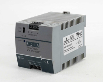Sola HD SDP 4-24-100RT DIN rail power supply – right-side angled view showing front label, output terminals, and Emerson rating plate