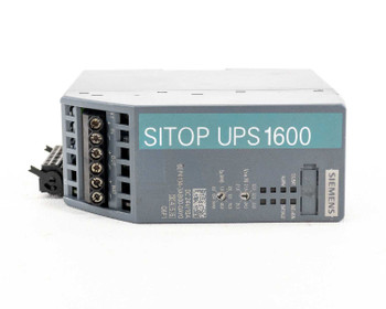Siemens SITOP UPS1600 — left side panel view showing terminal block connections labeled X1 IN, OUT, BAT and full part number label