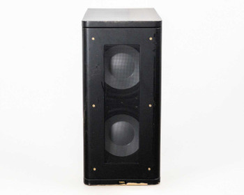 Thiel SS2 SmartSub front view showing dual 10-inch driver cutouts with mesh grilles and gold mounting screws