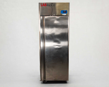 LabRepCo LABLD-25-SDSS Futura Plus+ lab refrigerator — straight-on front view showing stainless door, LABRepCo logo, and blue digital controller panel