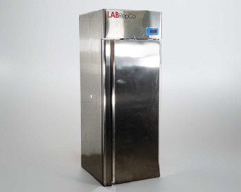 LabRepCo LABLD-25-SDSS Futura Plus+ 25 cu ft stainless steel lab refrigerator — front-left three-quarter view showing full exterior and digital temperature controller